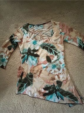 mandee Floral Scoop Neck Tunic in Teal, Beige & Brown